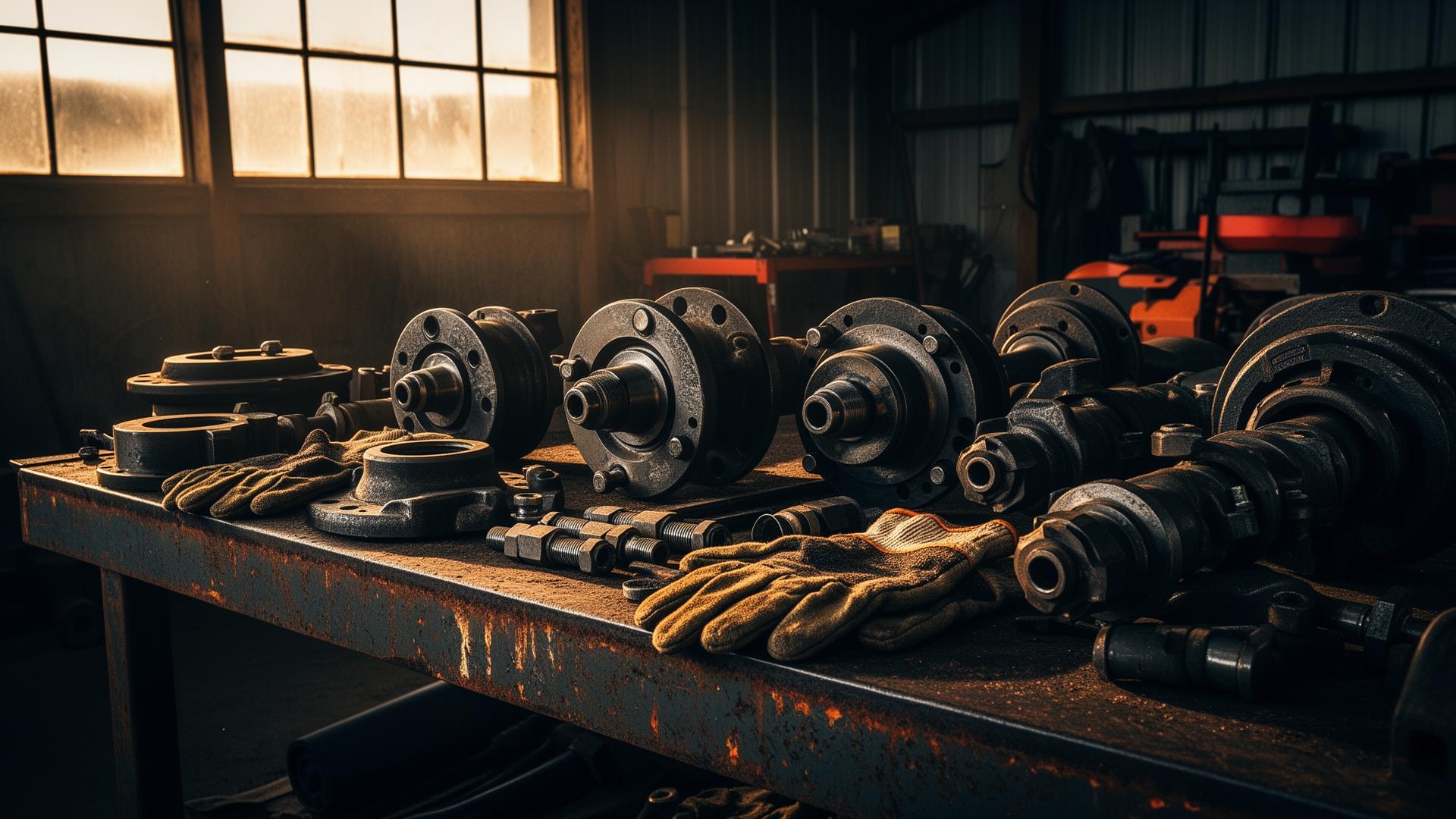 Heavy equipment parts laid out on a workbench